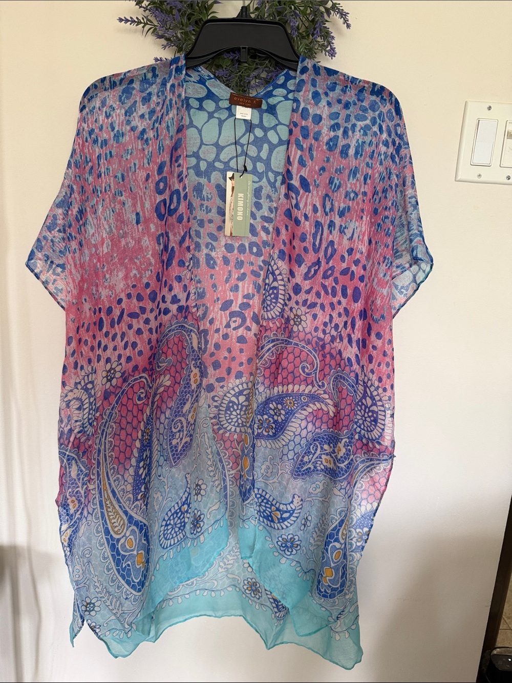 Evelyn K Women’s Pink & Blue Sheer Paisley Swim Cover-Up Kimono